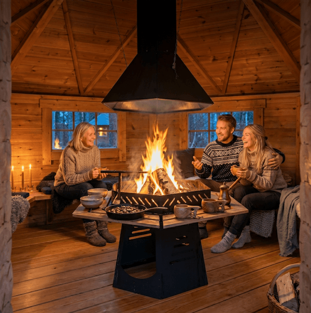 Vindskydd 10 m2 Royal med grill och bänkar - Halvrund timmer